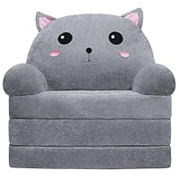 Toddler Chair Kids Sofa - Toddler Sofa Kids Couch Fold Out, 2 in 1 Flip Out Couch and Mini Sofa for Girls and Boys, Baby Couch for 1-4 Year Olds - Cute and Comfy Baby Sofa (Gray Cat)