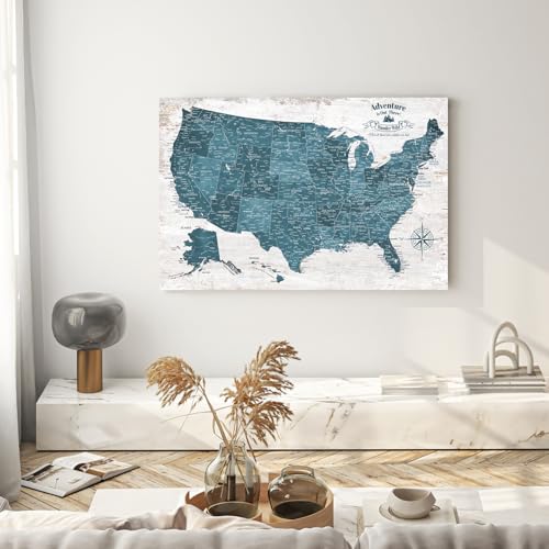 Image of IPIC - Antique Blue USA Travel Map, Pin Board Canvas Wall Art, Travel Map with Pins Included, Ready to Hang for Home or Office, 36x24 Inch