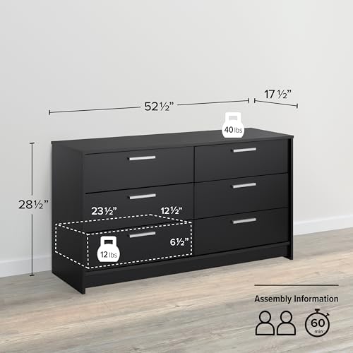 Image of Prepac Studio Essentials Dresser, Black Dresser for Bedroom, Chest of Drawers with 6 Drawers 17.5 inch D X 52.5 inch W x 28.5 inch H