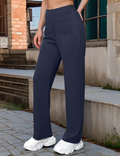 Women's High Waisted Straight Leg Pants Button Stretchy Business Work Casual Trousers with Multiple Pockets Spring Pants3