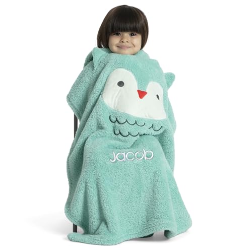 Image of Delta Children Personalized Sherpa Throw Blanket for Kids, Light Teal Owl