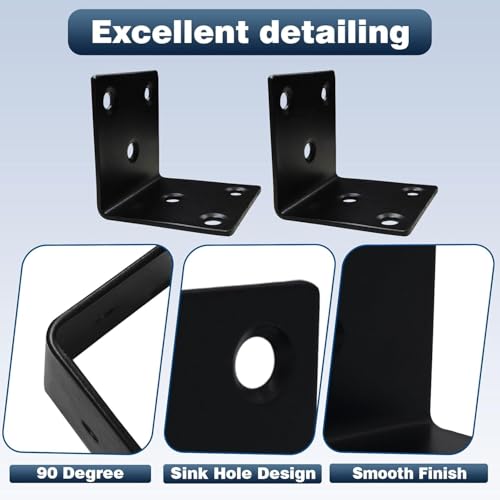 25Pack 2'' L Right Angle Brackets with Slot, 2 MM Thickness Black Stainless Steel Brackets for Wooden Furniture Timber, Heavy Duty Wide Corner Metal Brace 90Degree Shape Bracket