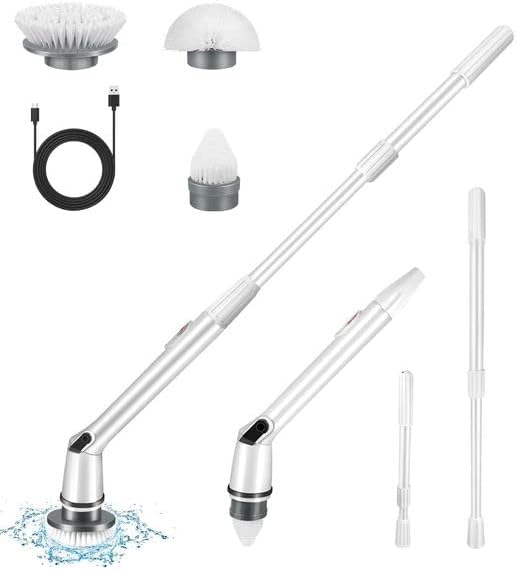 Adjustable Electric Cordless Spin Shower Scrubber with 3 Replaceable Brush Heads, White Rechargeable Power Scrubber with Extension Long Handle for Wall Floor Tile Bathroom Tub & Kitchen