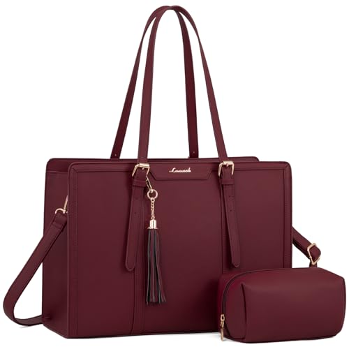 LOVEVOOK Laptop Tote for Women - 15.6 inch Lightweight PU Laptop Bag, Large Capacity Computer Bag with Clutch Purse for Business, Work, Office, Travel, Claret