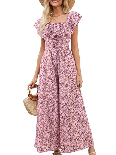 Gardenwed Women's Floral Wide Leg Jumpsuit, Ruffle Short Sleeve Square Neck Summer Casual Palazzo Romper with Pockets Pink Floral X-Large