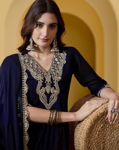 Image of Amazon Brand - Tavasya Women Poly Georgette Zari Sequence Embroidered Kurta with Pant and Dupatta | Salwar Suit | Kurta Set