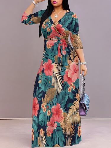 Image of Plus Size Maxi Dress for Women V Neck 3 /4 Sleeve Wrap Dress
