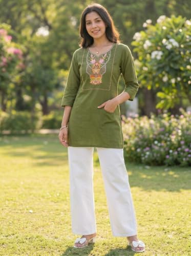 Image of Cotton Blend Embroidered Straight Kurta for Women | Cotton Blend | 3 /4 Sleeve | Round Neck V-Slit | Ethnic Wear Casual Wear