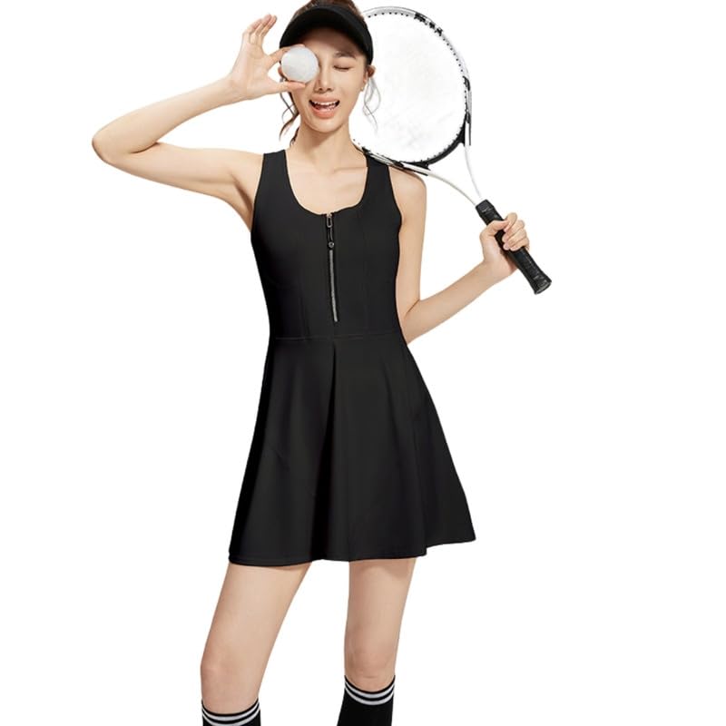 fierre shann Zippered One-Piece Sports Dress, Sleeveless Round Neck Solid Color Outdoor Running and Fitness Dress Black-picture-30