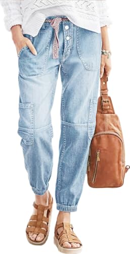 Women's Distressed Mid-Rise Cargo Pockets Boyfriend Jeans with 6 Pockets Jogger Pants