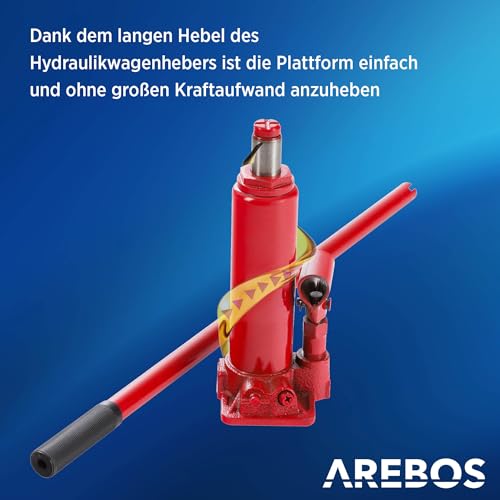 Arebos 2X Auffahrrampe mit hydraulischem Wagenheber | XXL PKW Hebebühne KFZ Rampe 257 mm Auffahrbreite | Auffahrbock Hebeplattform mit Sicherheits-/ Überdruckventil | Höhenverstellbar 2 T | Rot