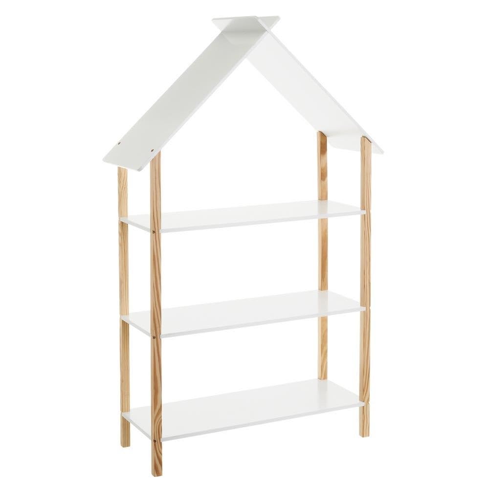 LOLAhome - Estantería Infantil con Forma de casa de Madera de Pino Blanca 79x30x131 cm para Dormitorio. Tiene 3 estantes de Estilo nórdico Que Mantienen el Orden y decoran con Personalidad