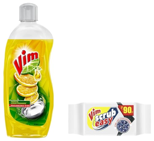 Image of Vim Dishwash Liquid Gel Lemon, With Lemon Fragrance, Leaves No Residue, Grease Cleaner For All Utensils, 500 ml Bottle & Vim Scrub EASY Pack of 5