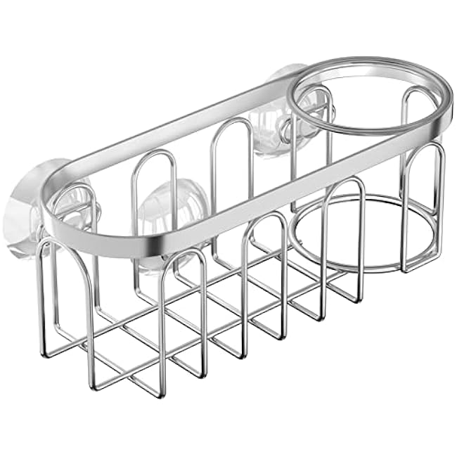 Yazoni 2-in-1 Sponge Holder for Kitchen Sink, Suction Cup Kitchen Caddy, No Drill Rustproof Sink Organizer for Place Dishwashing Brush Soap and Sponge (Silver)