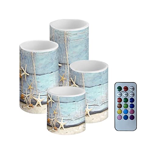Image of Flickering Flameless Candles 4 Pieces Set, LED Pillar Candles with Timer Battery Operated Tea Lights for Coastal Decor, Beach Starfish with Blue Wood Grain