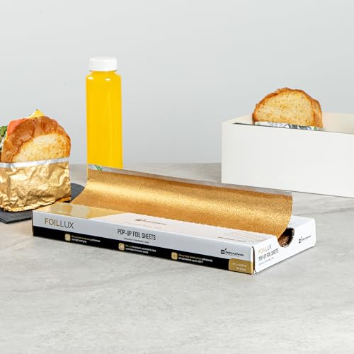 Restaurantware-Foil Lux 12 x 10.8 Inch Pop-Up Foil Sheets, 100 Disposable Foil Papers For Food - Orange Peel Embossing, Interfolded, Gold Aluminum Foil Sheets, Greaseproof, Freezable, Oven Ready by Restaurantware - Image 7