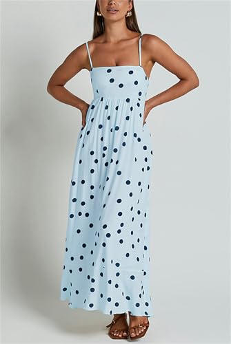 Image of Yuemengxuan Boho Maxi Dresses for Women Spaghetti Strap Flowy Smocked Long Dress Casual Summer Vacation Beach Maxi Dress