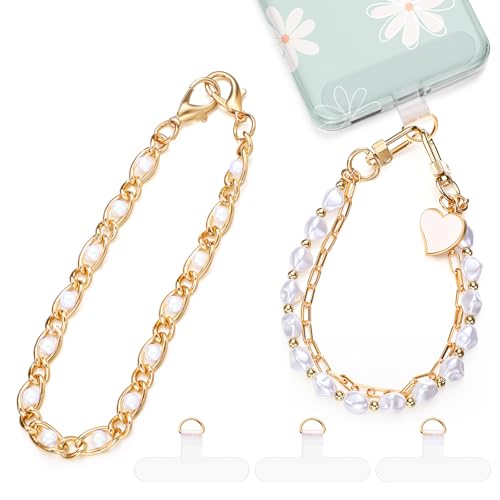 Landical 2 Pcs Beaded Phone Wrist Strap Bracelet Strap Cell Phone Charms with 3 Tether Tabs Chain Wristlet for Women Men Wallet Keychain Camera(Pearl Double Chain C)