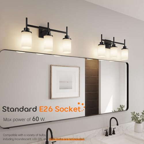 Image of Vanity Lighting Fixtures Oil Rubbed Bronze 3-Light with White Frosted Glass Shade, Wall Sconces for Bathroom Cabinet Porch Kitchen T001ORB-L3