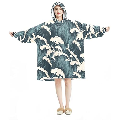 Sweat à capuche surdimensionné en flanelle sherpa pour adulte motif vagues d'océan