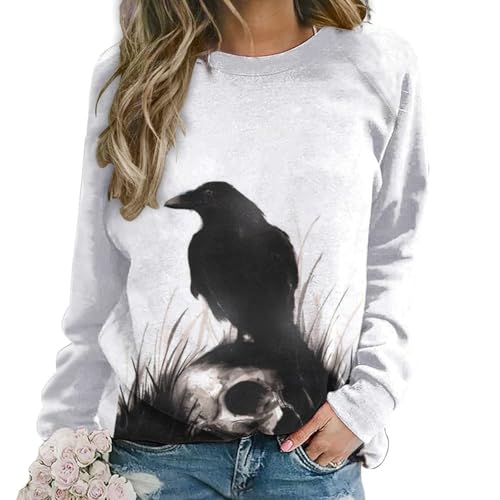 Dgsxynth Casual Ladies Jumper, Halloween Skull Raven Sweatshirts for Women, Crewneck Long Sleeve Top
