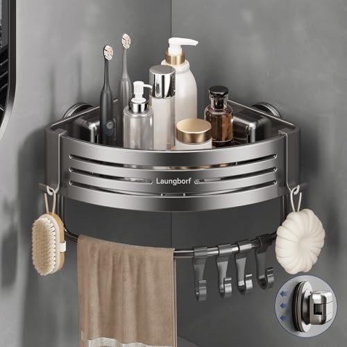 Corner Shower Caddy Suction Cup Rustproof Aluminum Triangle Shelf with Hooks & Towel Bar Laungborf No-Drill Wall Storage for Bathroom Kitchen Laundry (Matte Gray 1 Pack)
