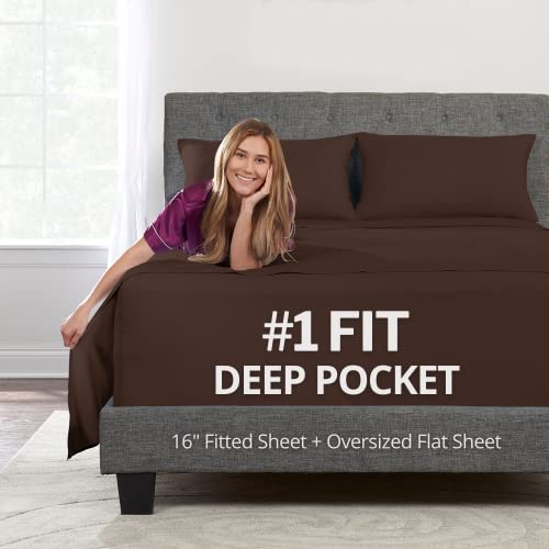 King Size Sheets Set King Size Bed Sheets with Real 16' Deep Pockets Oversize Flat Sheet 2 Pillowcases Brown
