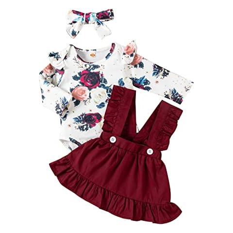 puseky Baby Girl Floral Clothes Long Sleeve Ruffle Romper+Suspender Skirt Dress with Headband Outfits Set Cover