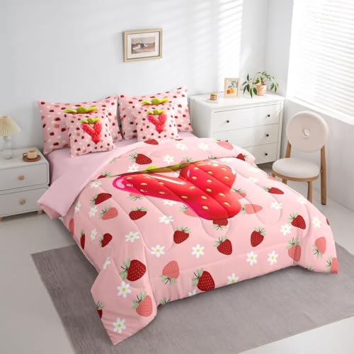 Image of Feelyou Girls Strawberry Comforter Set with Sheets 7 Piece Full Size Pink Strawberry Bedding Set for Kids Boys Girls Initial Letter Y Bed in a Bag Room Decor Soft Lightweight Microfiber