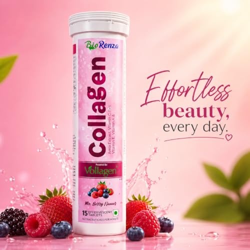 Image of Collagen Effervescent Tablets For Skin Glow & Hydration | With Vitamin C, Hyaluronic Acid, Resveratrol & Amla Extract | Vegan Collagen Supplement | Mix Berry Flavour | 15 Tablets Each | Pack Of 5