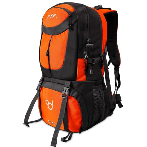 OcioDual Mochila Senderismo 50 Litros, Mochila Trekking, Montaña y Camino de Santiago, Multifuncional, Ligera, Mochilas Hombre para Camping, Acampada, Marcha Nórdica, Supervivencia, Naranja