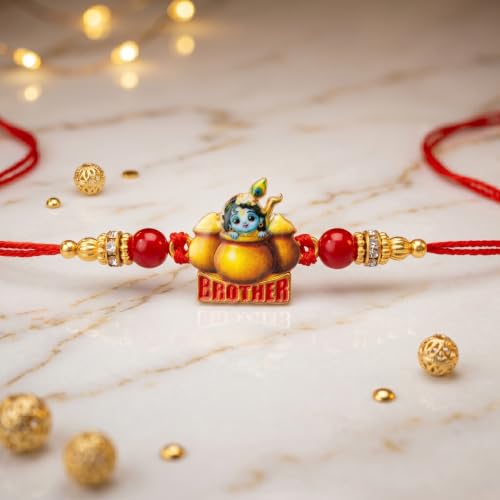 Image of Cartoon Kanha Bal Krishna and Car Rakhi for Baby /Kids Brother /Sister | Combo for Kids | Rakhi with Greeting Card & Roli Chawal