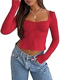 Trendy Queen Womens Long Sleeve Going Out Crop Tops Sweetheart Neck Cute Y2k T Shirts Side Slit Tees, Red, S
