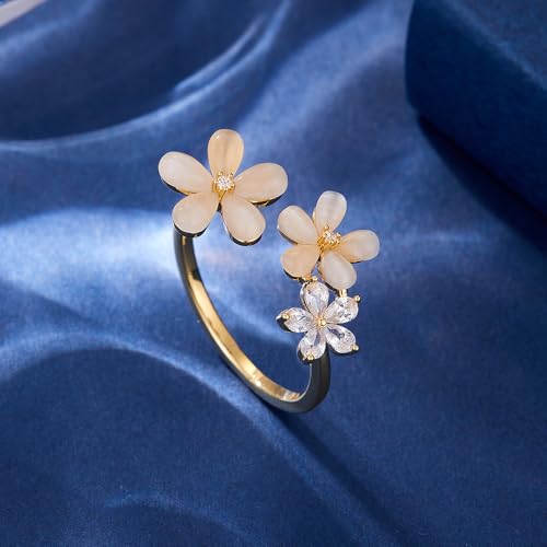 Kokoma Cat Eye Stone Daisy Flower Ring for Women Cubic Zirconia Little Floral Wrap Finger Band Eternity Promise Rings Open Statement Ring Dainty Jewelry Christmas Thanksgiving4