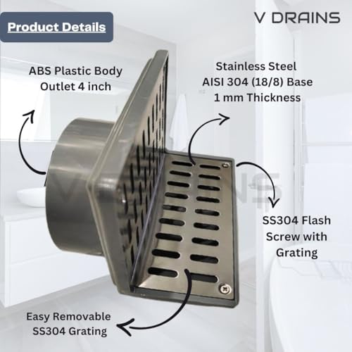 Image of 4 inch Outlets Roof /Balcony /Terrace /Side Wall Corner Parapet Scupper L Shape Drain in ABS + Stainless Steel Grating (125mm x 145mm) with Horizontal /Vertical Outlet Size - 5 Inch x 5.7 Inch