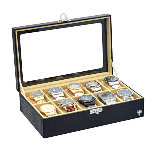 Porta-Relógios Total Luxo Couro Ecológico Preto Bege 10 Divisórias