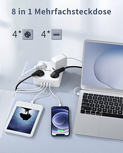 Multiprise avec USB compacte munie de 4 prises de distribution et montage mural