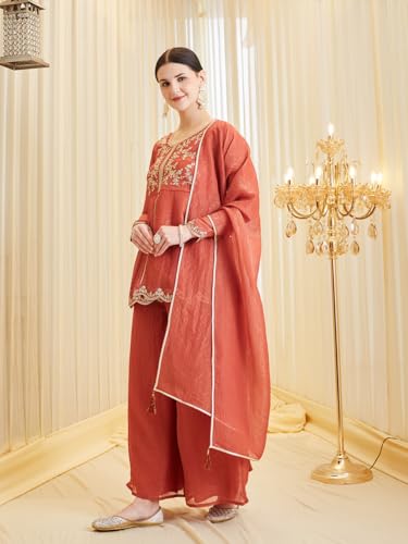Image of MOKOSH Women's Silk Embroidered Peplum Kurta Sharara with Dupatta | Kurta Set | Ethnic Wear |Round Neck Full Sleeve Kurta | 3 Piece Outfit |Embroidered