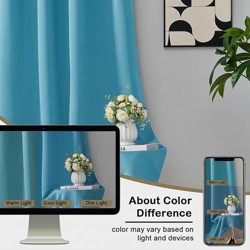 Image of Turquoise Blackout Curtains for Small Window Treatment, Light Blocking Short Kitchen Window Curtains Over Sink, Dual Rod Pocket Half Window Tiers for Bathroom Basement, 2x40Wx36L Inches