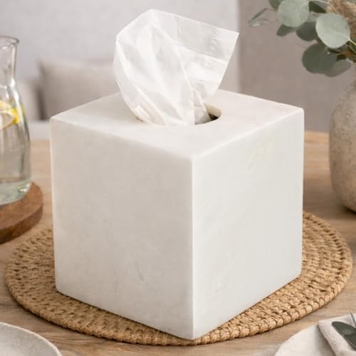 Koville Marble Tissue Box Cover, Heavy Square Tissue Cube Cover Tissue Organizer with Open Bottom for Countertop, Decorative Stone Facial Tissues Boxes Holder for Bathroom Bedroom Kitchen (White)