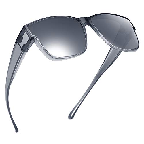 Br'Guras Oversized Fit Over Sunglasses Wear Over Prescription Glasses with Polarized Lenses Retro Fashion Squared Sunglasses for Men and Women (Transparent grey, Silver)