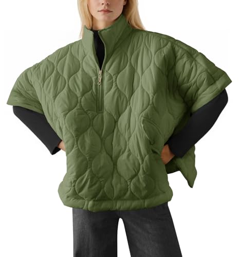 Fazortev Women's Puffer Poncho Pullover Quilted Jacket Short Sleeve Half Zipper Coat Cape Outerwear