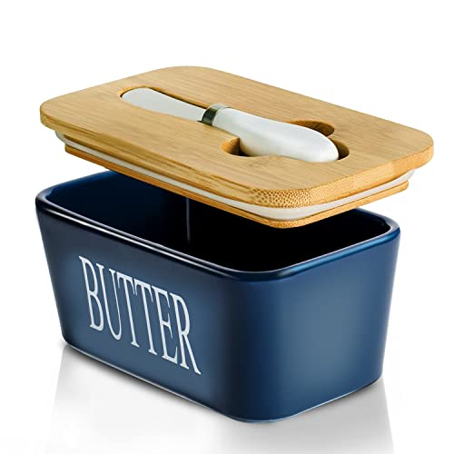Hasense Butter Dish With Bamboo Lid And Knife, Large Butter Keeper Container For Counter, Airtight Butter Holder With Cover For Kitchen, Blue #TOP10