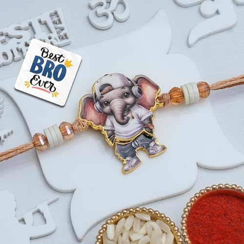 Image of eCraftIndia Cartoon Style Baby Elephant Rakhi for Kids Girls Boys with Best Bro Ever Fridge Magnet | Raksha Bandhan Kids Rakhi for Brother Bhaiya Bhai | Roli Chawal Pack