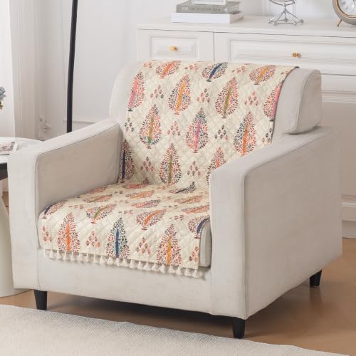 Image of HOKIPO Royal Kalamkari Quilted Sofa Cover for 1 Seater with Tassels for Seat & Back, 'Tassel Twigs' Series (IN-989-T2)