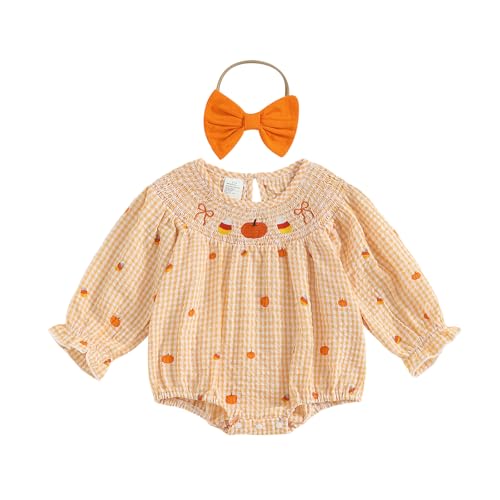 Newborn Infant Baby Girl Halloween Outfit Clothes Smocked Pumpkin Ghost Embroidery Romper Plaid Bubble Bodysuit