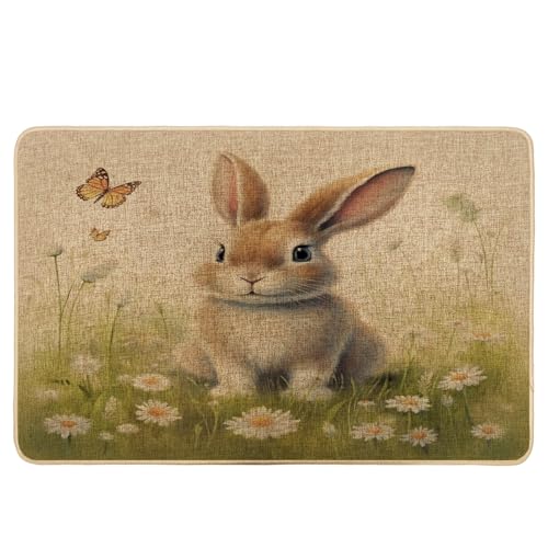Zerbino pasquale primaverile margherita farfalla erba coniglietto carino cottagecore verde acqua e gomma bianca cattura sporco lavabile resistente antiscivolo bagno cucina campeggio ufficio portico