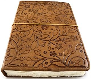 Leather Journal Diary Notebook Flower Design Embossed 9" x 6" Handmade Deckle Paper 100 Sheets