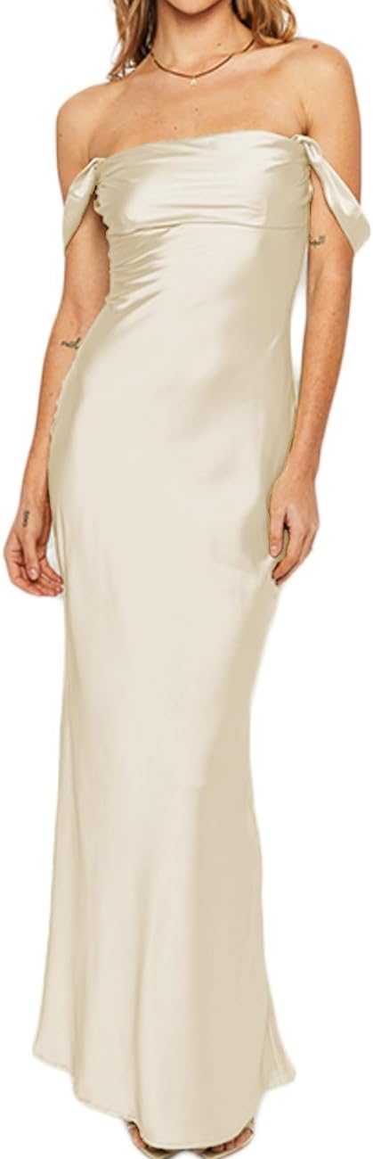 Realtix Elegant Satin Off The Shoulder Ruched Backless Maxi Dress for Women Strapless Tube Sleeveless Bridesmaid Dresses