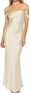 Elegant Satin Off The Shoulder Ruched Backless Maxi Dress for Women Strapless Tube Sleeveless Bridesmaid Dresses - Buy now